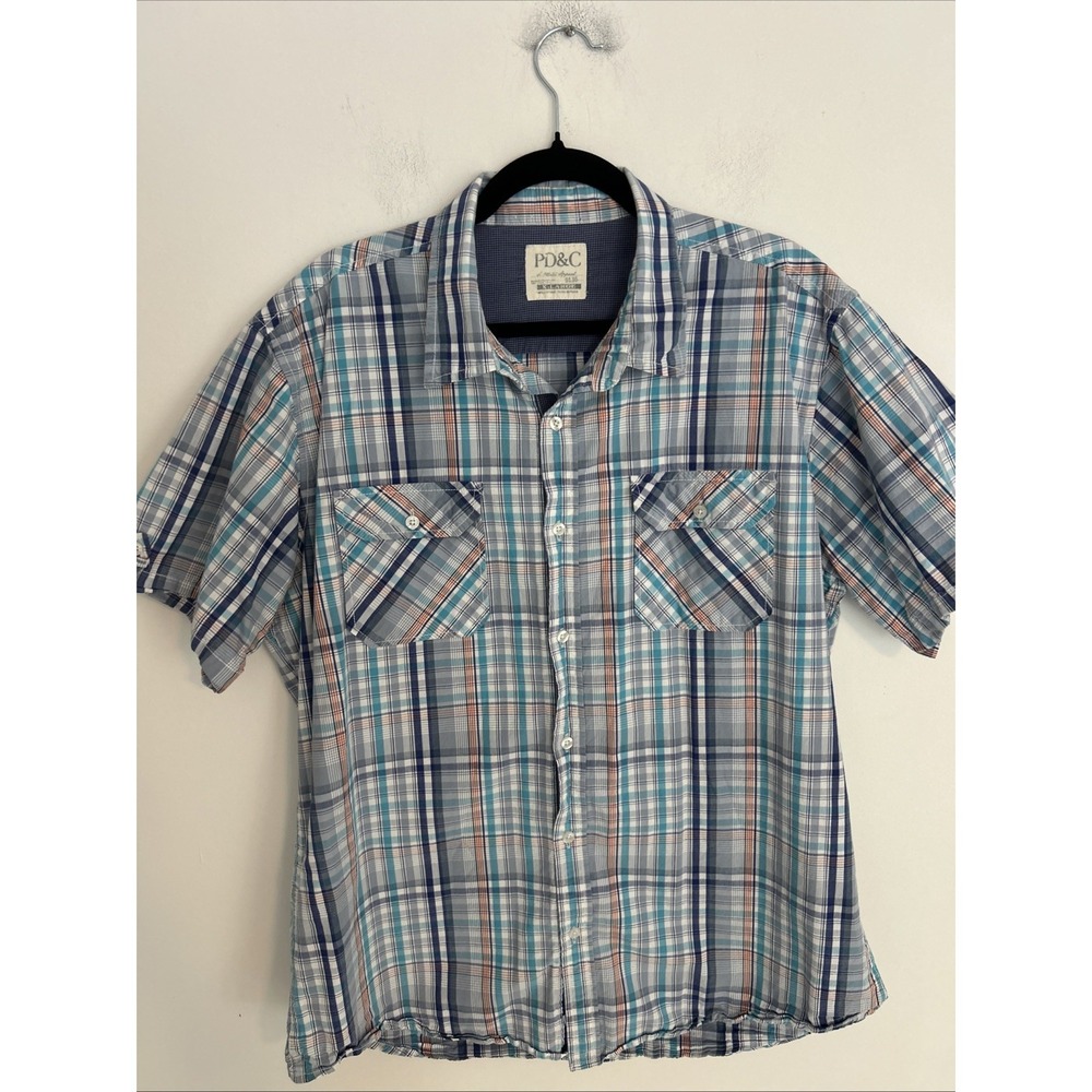 PD&C Men's XL Short Sleeve Button-Down Front Pockets Collared Blue Striped Shirt